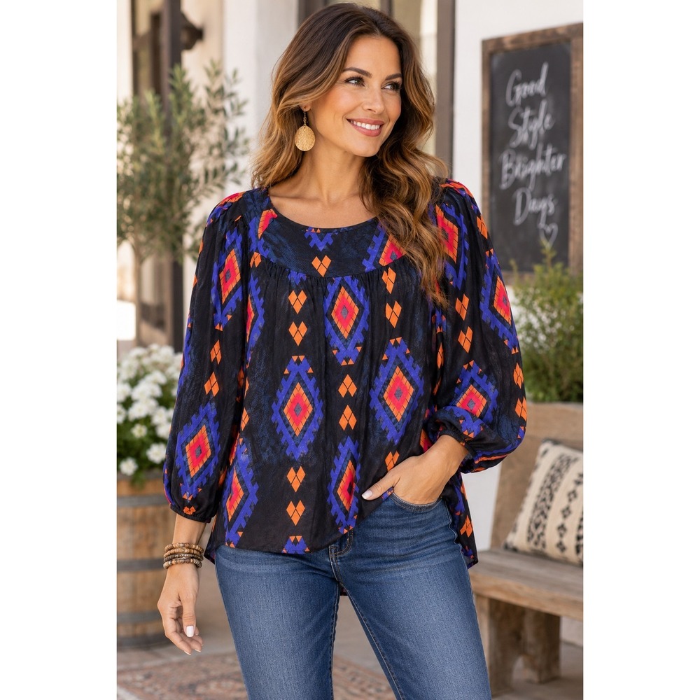 Lucky Brand Womens Large Aztec Print Peasant Blouse 3/4 Puff Sleeve Southwestern